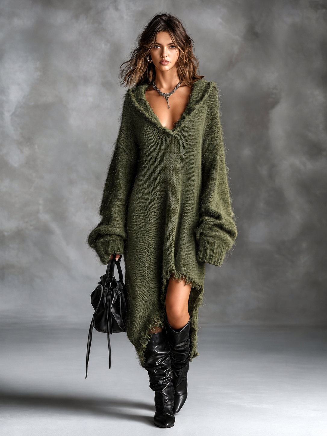 Elena | Fuzzy Knit Hooded Oversized Dress