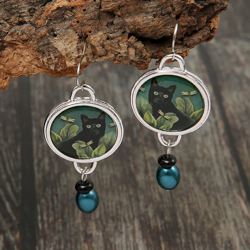 Vintage Cat Silver tone Earrings