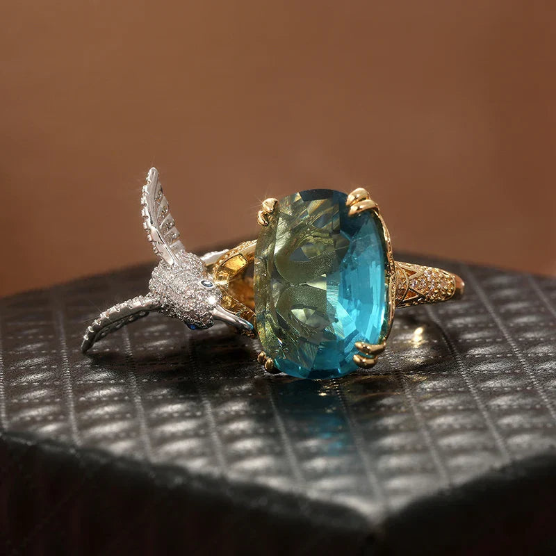 Adjustable Aquamarine-Color Hummingbird Ring