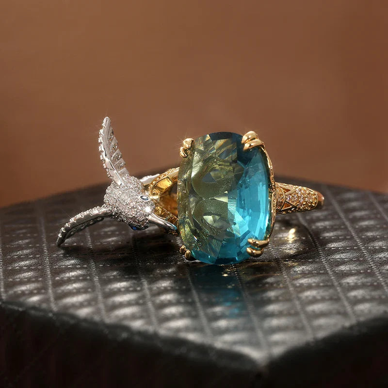 Adjustable Aquamarine-Color Hummingbird Ring