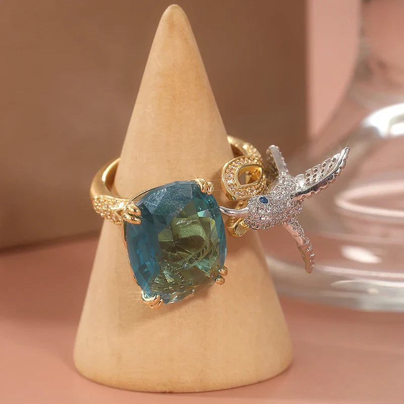 Adjustable Aquamarine-Color Hummingbird Ring