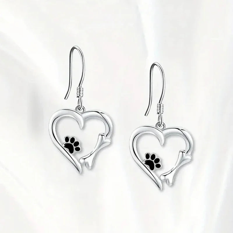 Drop Earrings with Heart & Paw Design