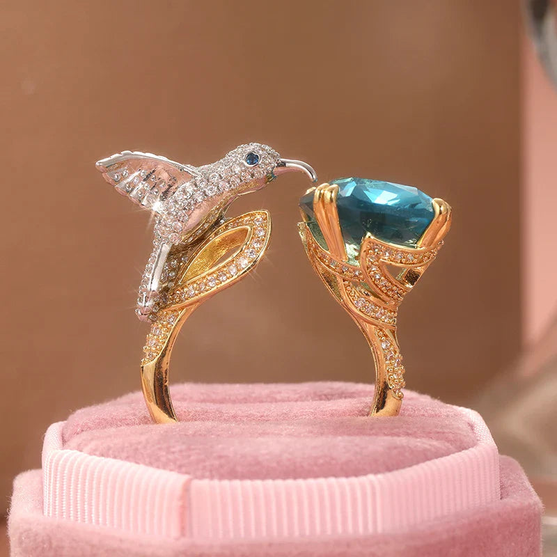 Adjustable Aquamarine-Color Hummingbird Ring