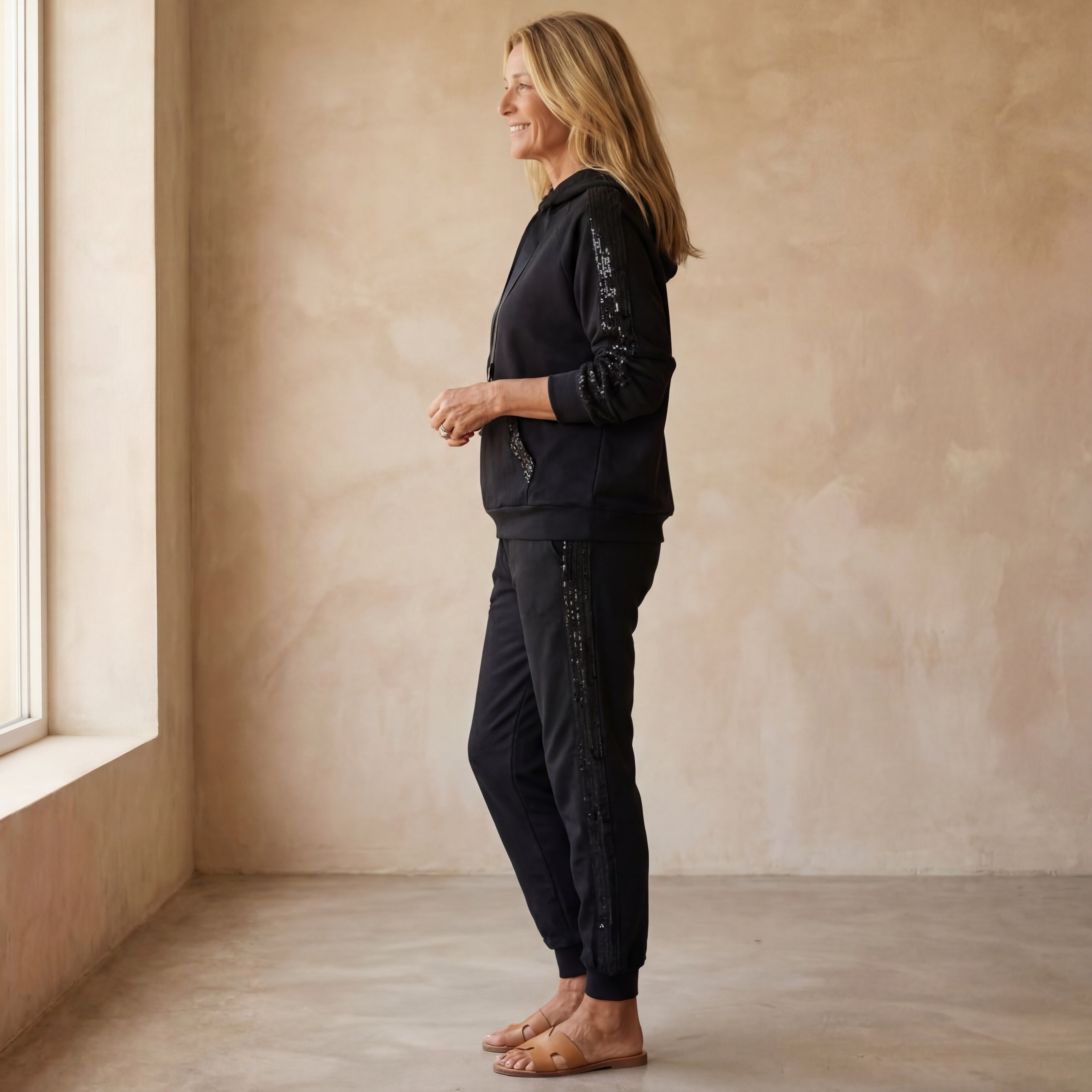 Chic Comfortable Sequin-Trim Hoodie & Jogger Set
