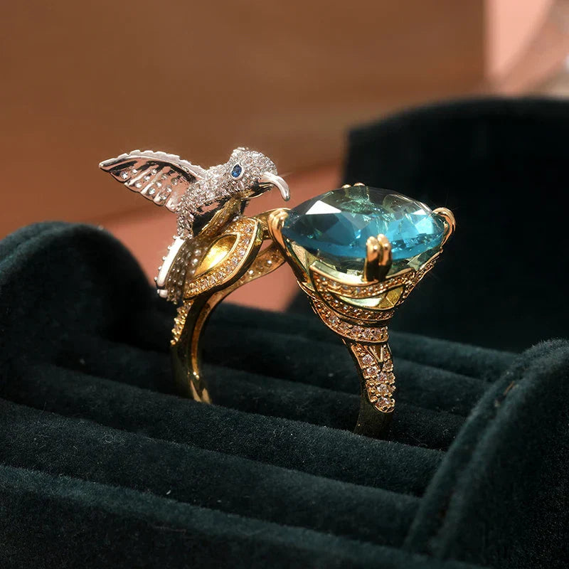 Adjustable Aquamarine-Color Hummingbird Ring