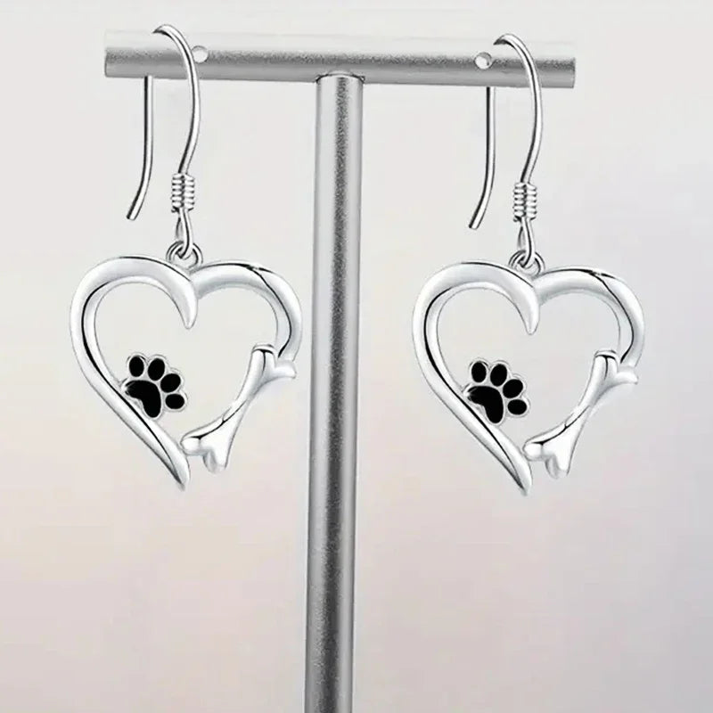 Drop Earrings with Heart & Paw Design