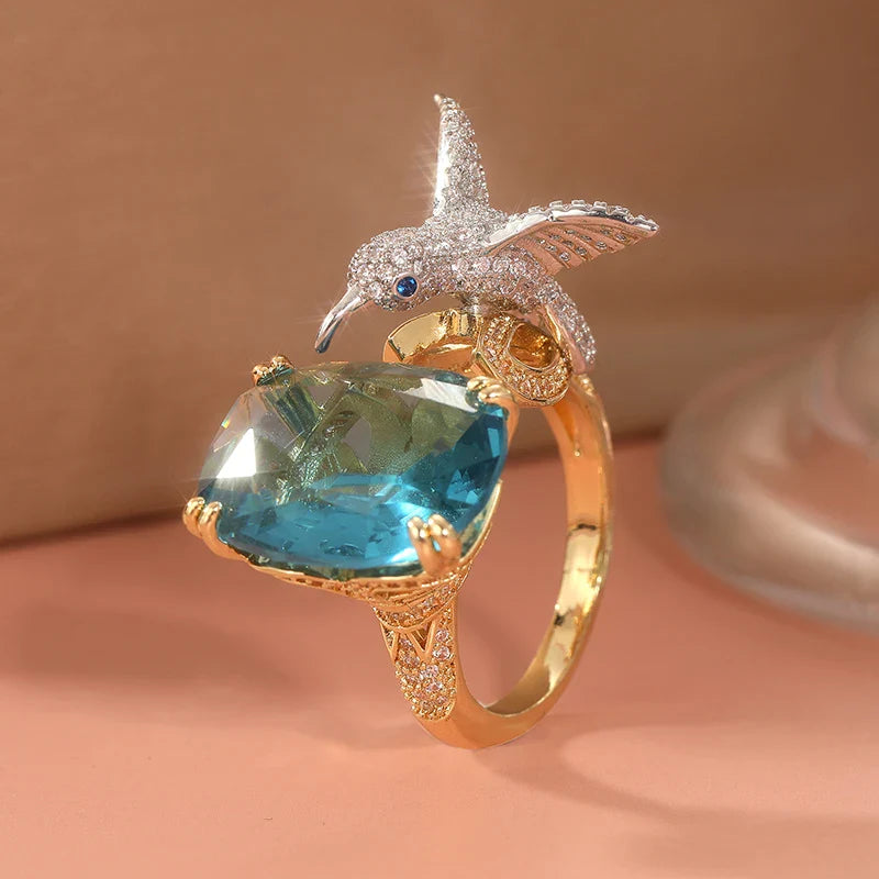 Adjustable Aquamarine-Color Hummingbird Ring