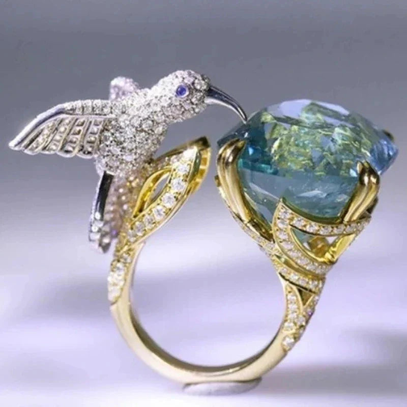 Adjustable Aquamarine-Color Hummingbird Ring