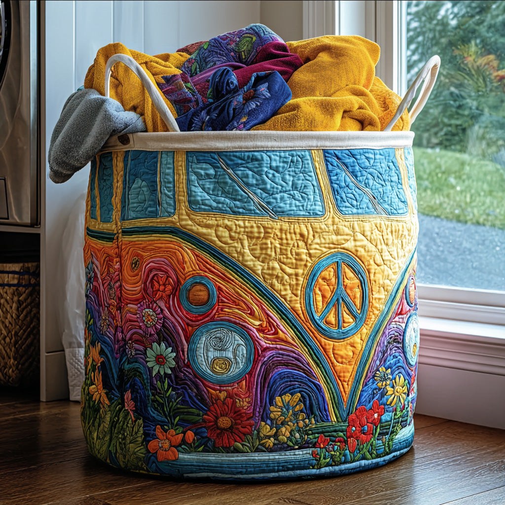 Colorful hippie-style quilted laundry basket