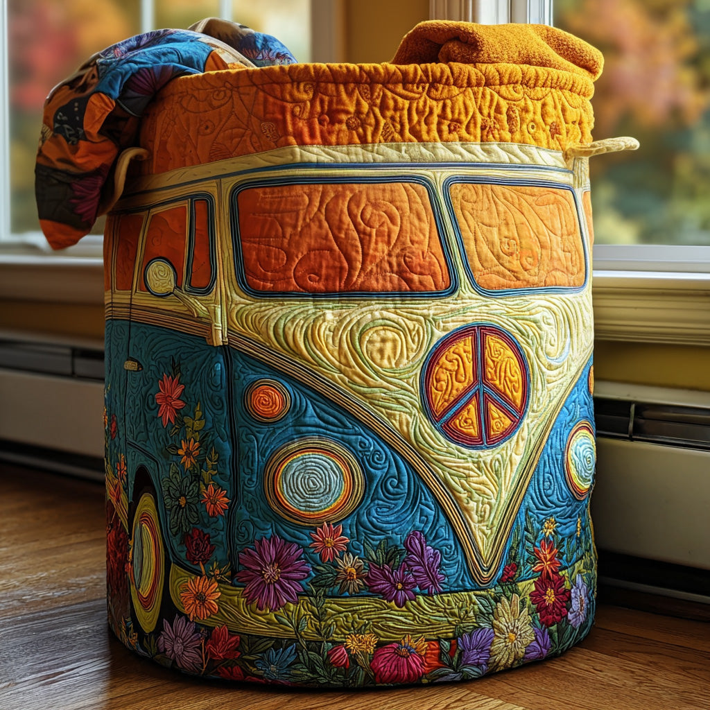 Colorful hippie-style quilted laundry basket