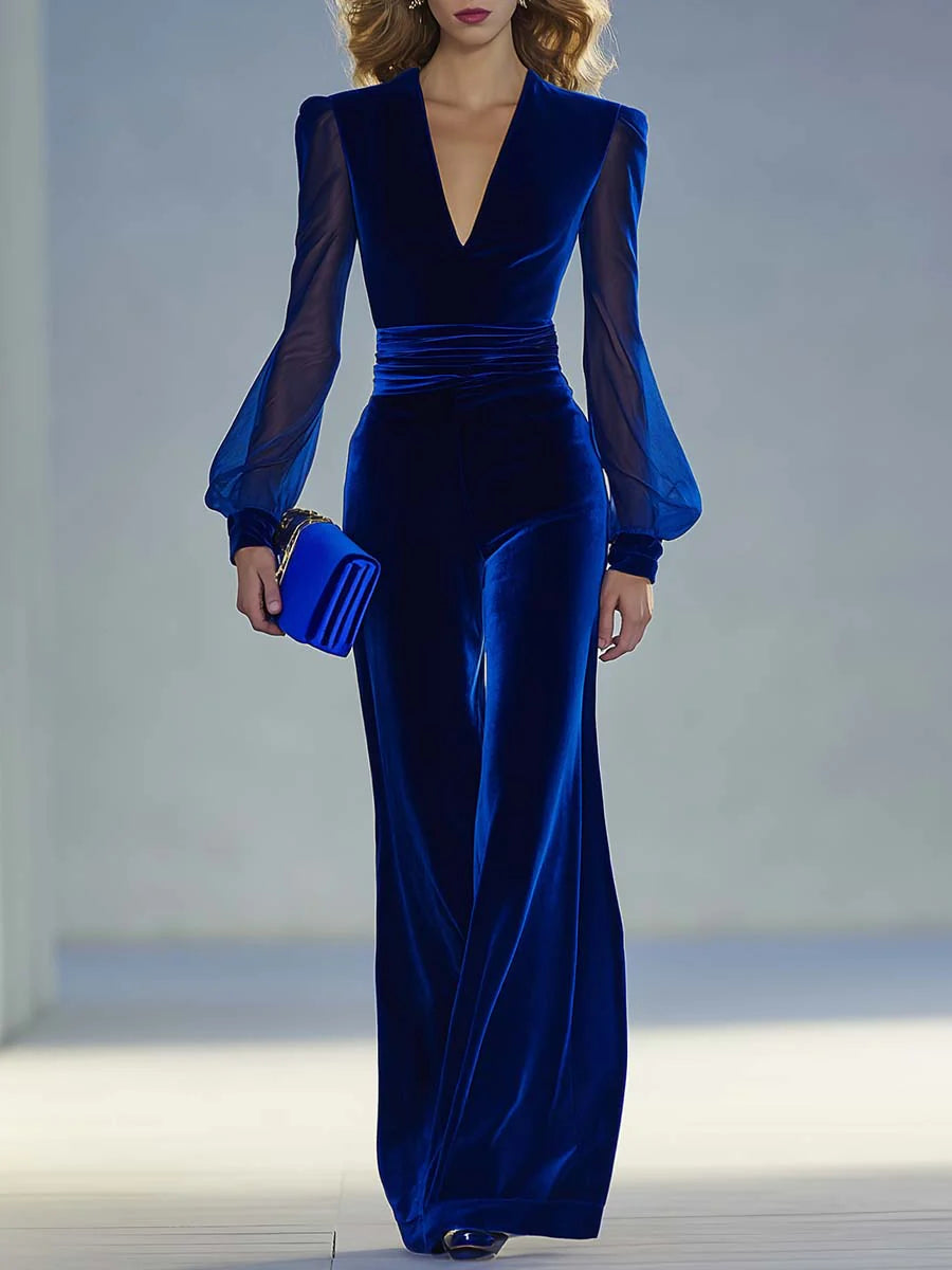 Retro elegant V-neck mesh long-sleeved royal jumpsuit