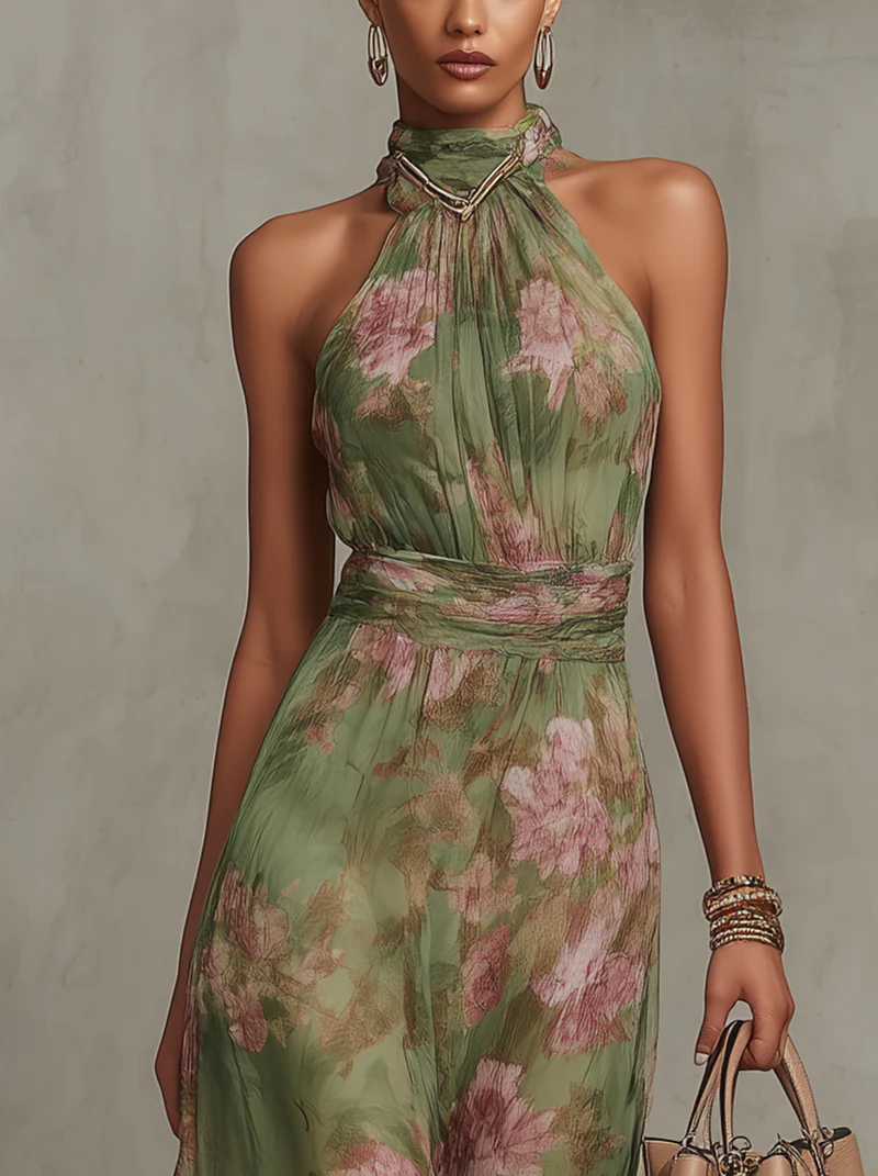 FloralHalo™ | Women's Floral Halter Neck Maxi Dress