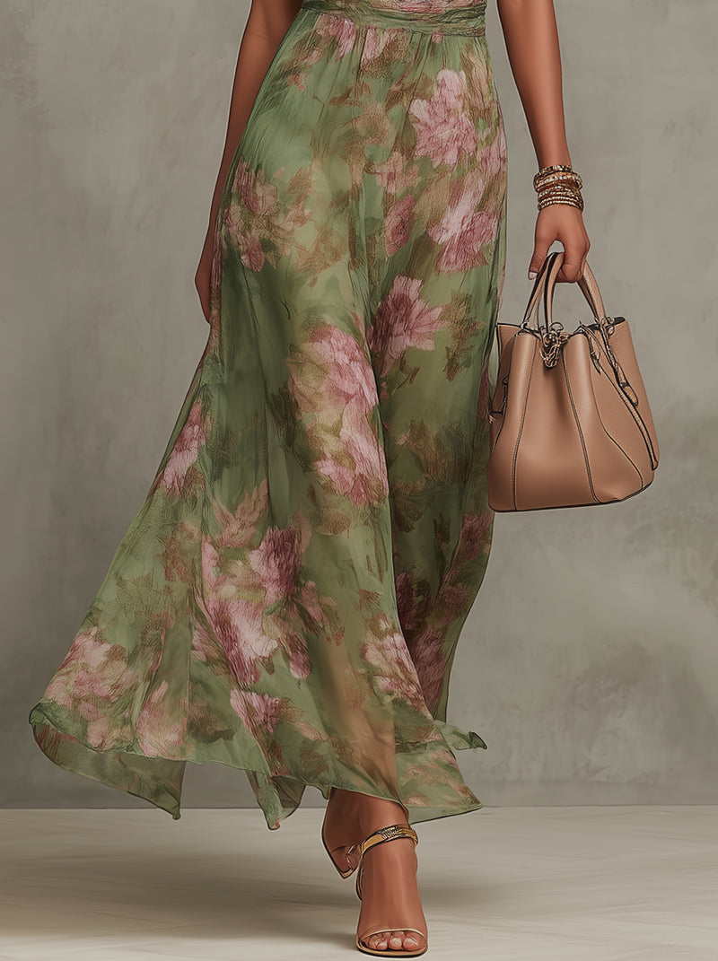 FloralHalo™ | Women's Floral Halter Neck Maxi Dress
