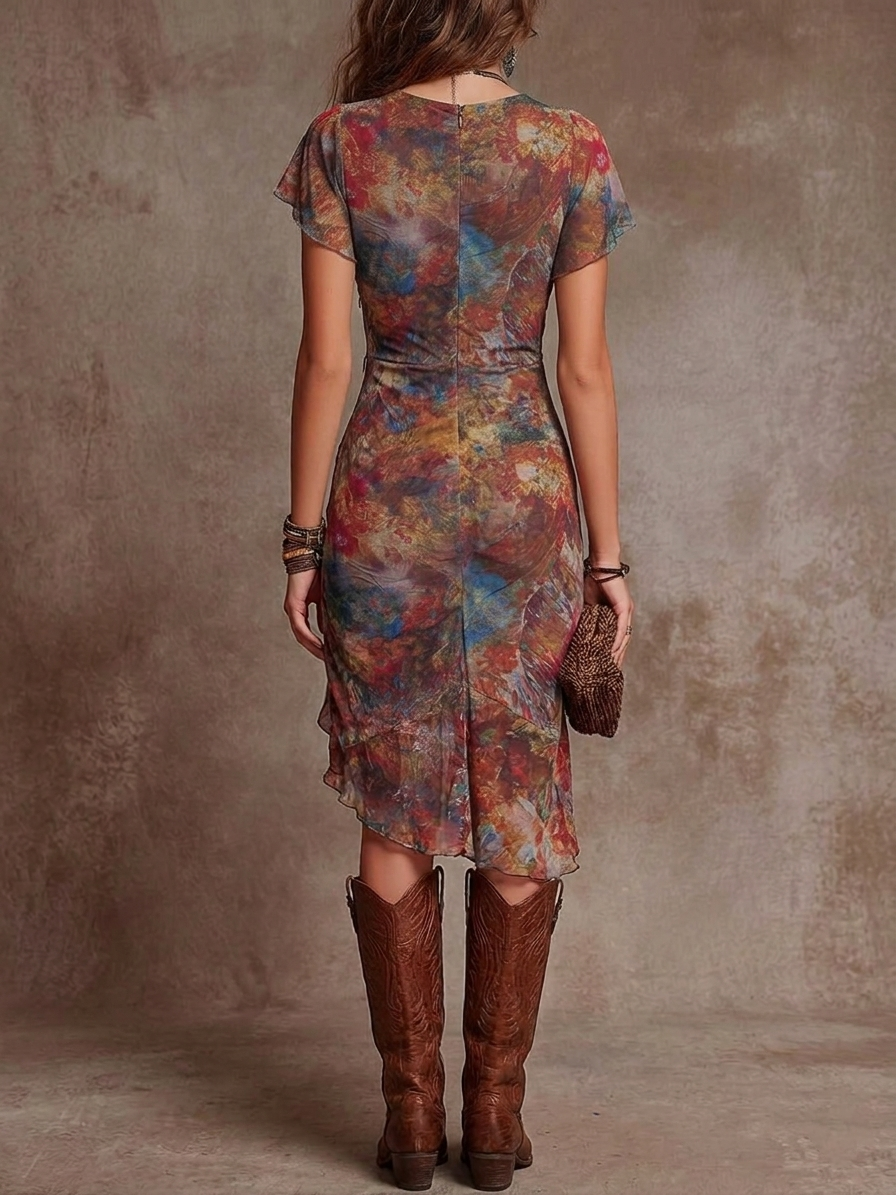 BohoRuche™ | Women's Abstract Print V-Neck Ruched Midi Dress