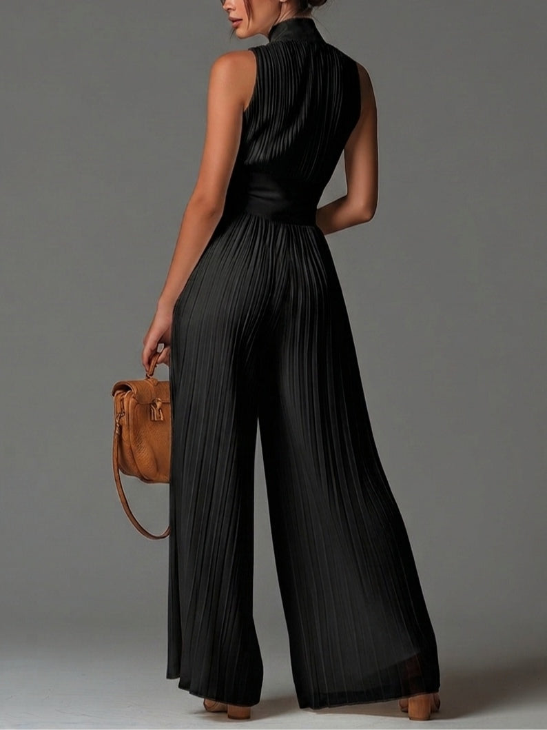 Black V-neck Sleeveless Zip-up Pleated Wide-leg Jumpsuit
