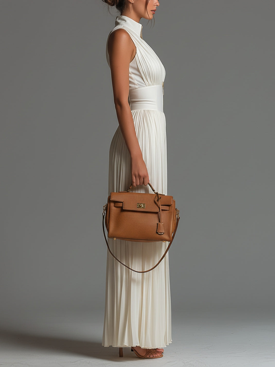 White V-neck Sleeveless Zip-up Pleated Wide-leg Jumpsuit