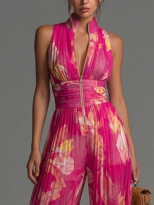 Fuchsia Floral Print Sleeveless Zippered Pleated Wide-leg Jumpsuit