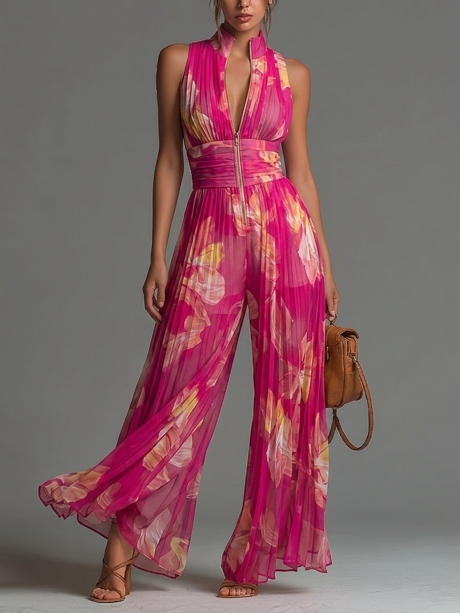 Fuchsia Floral Print Sleeveless Zippered Pleated Wide-leg Jumpsuit