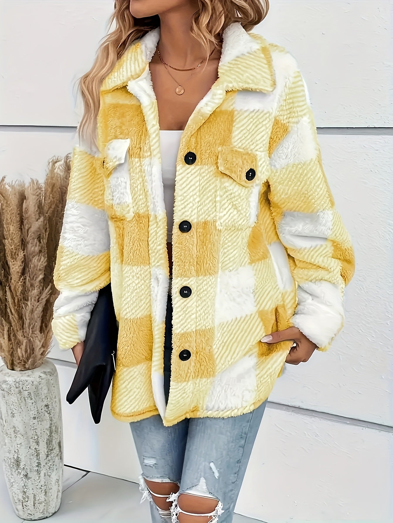 Lilou™ | Fleece Plaid Button-Up Shacket Jacket