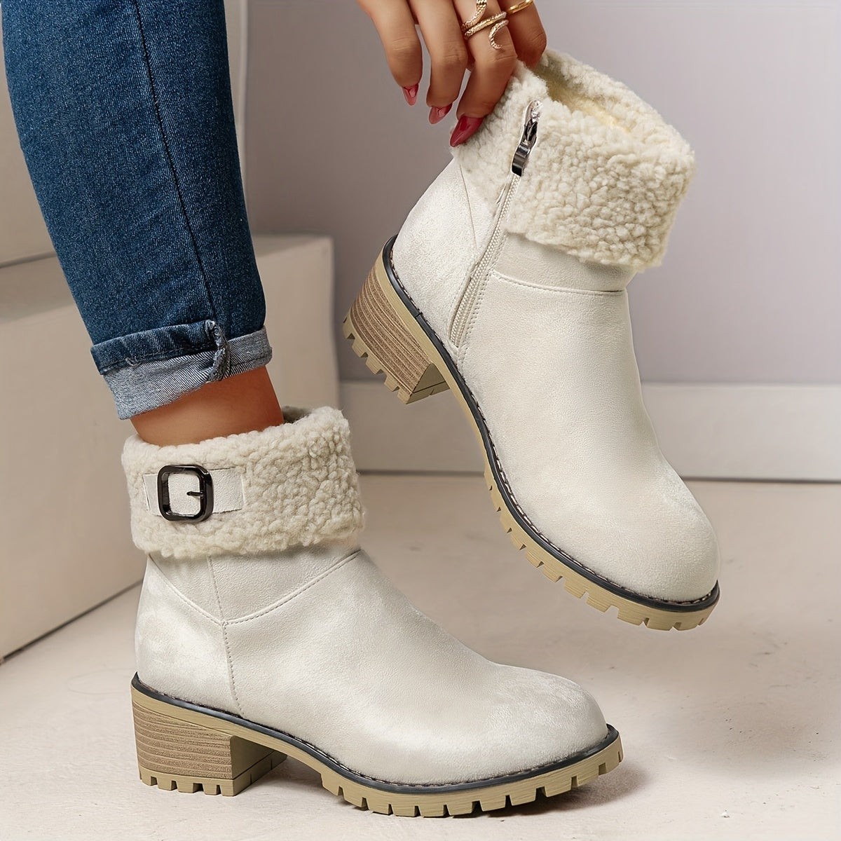 Mirella™ | Sherpa-cuff buckled side-zip heeled ankle boots