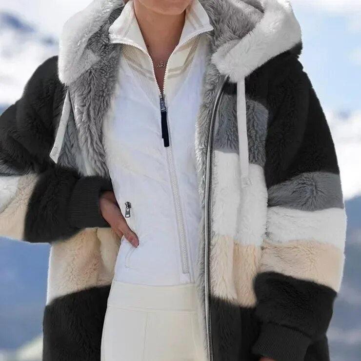 Daria™ | Colorblock Stripe Fuzzy Hooded Zip-Up Jacket