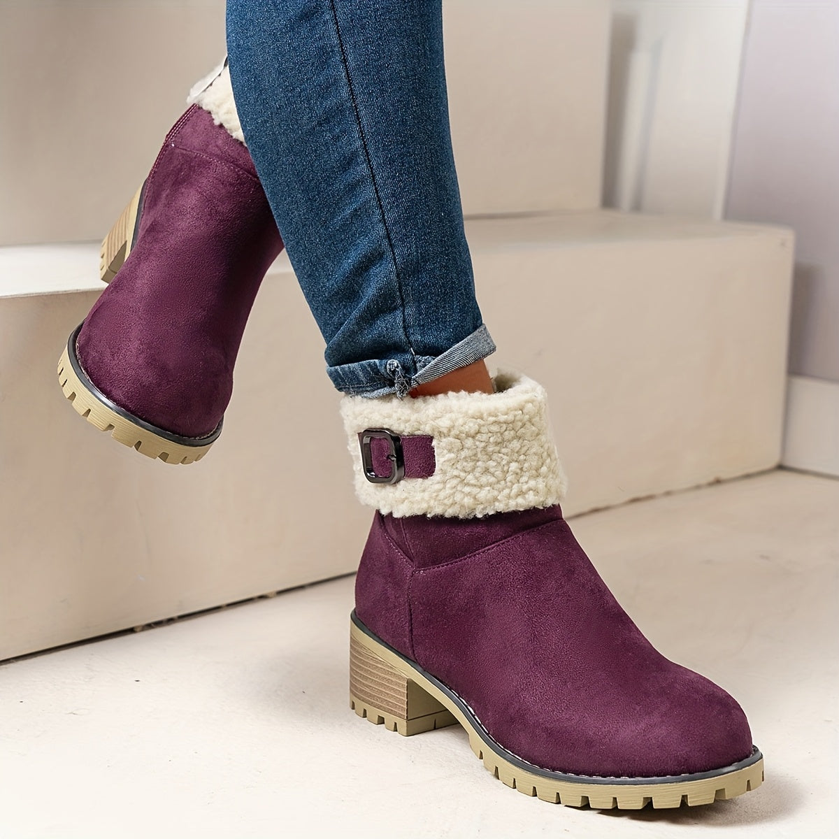Mirella™ | Sherpa-cuff buckled side-zip heeled ankle boots