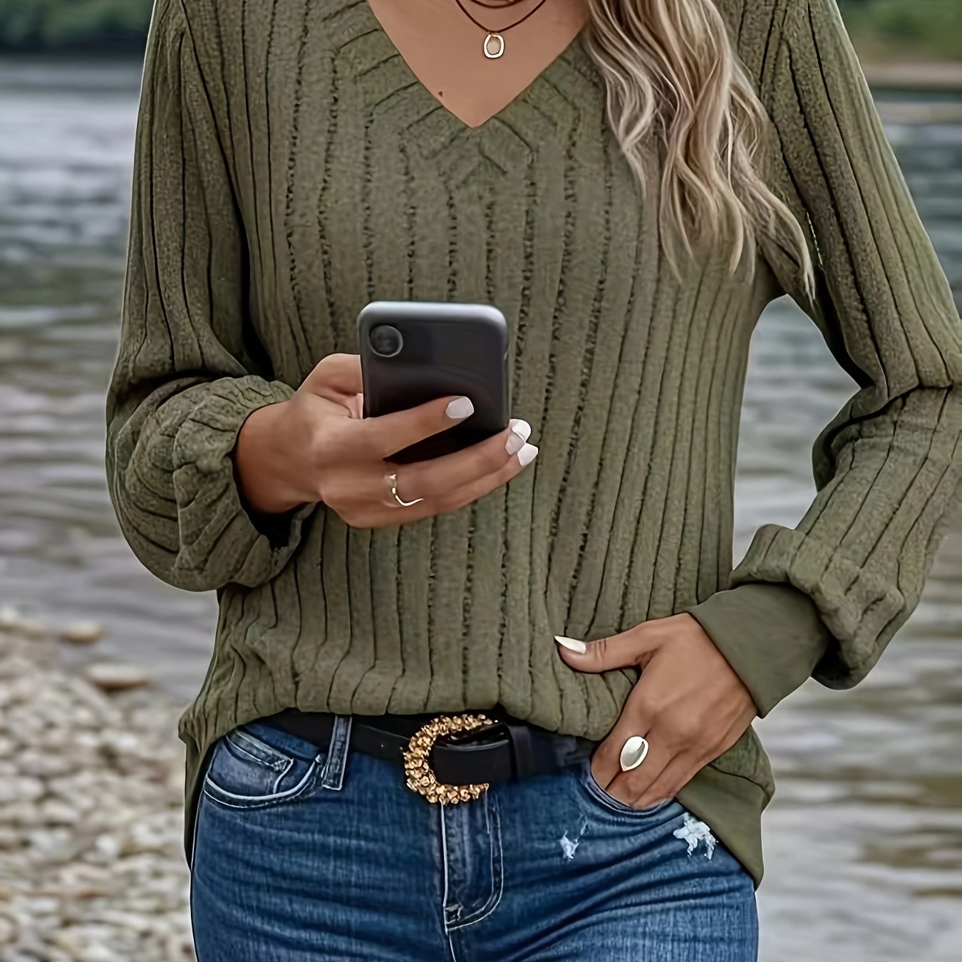 Anouk™ | Ribbed Knit Long-Sleeve V-Neck Pullover Sweater