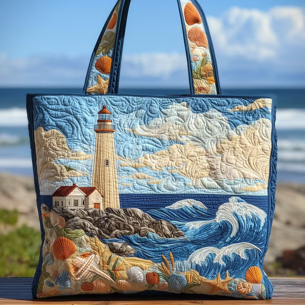 Lighthouse Coastal Scene Quilted Tote Bag