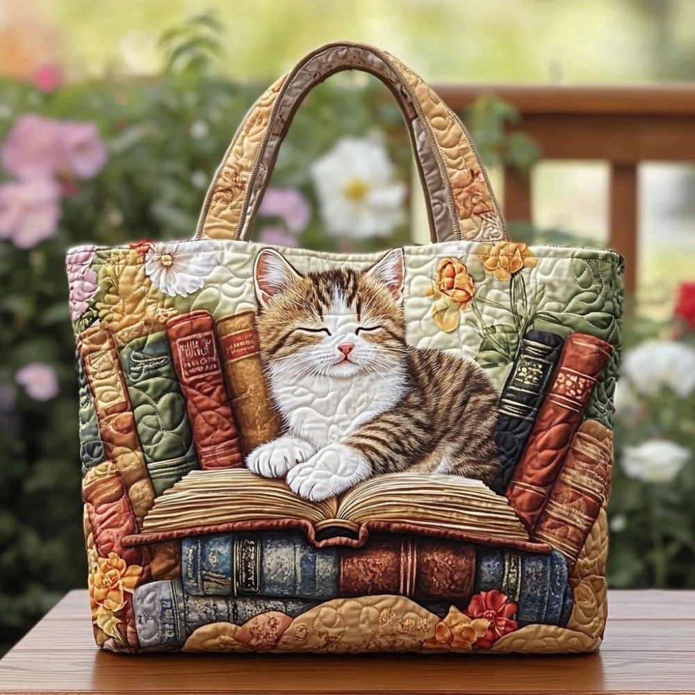 Cozy Cat Resting On Books Quilted Tote Bag