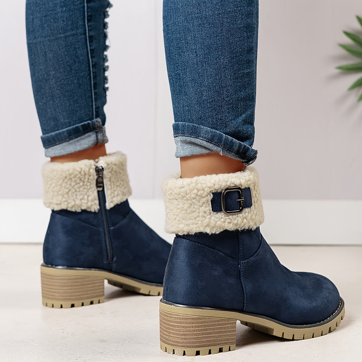 Mirella™ | Sherpa-cuff buckled side-zip heeled ankle boots