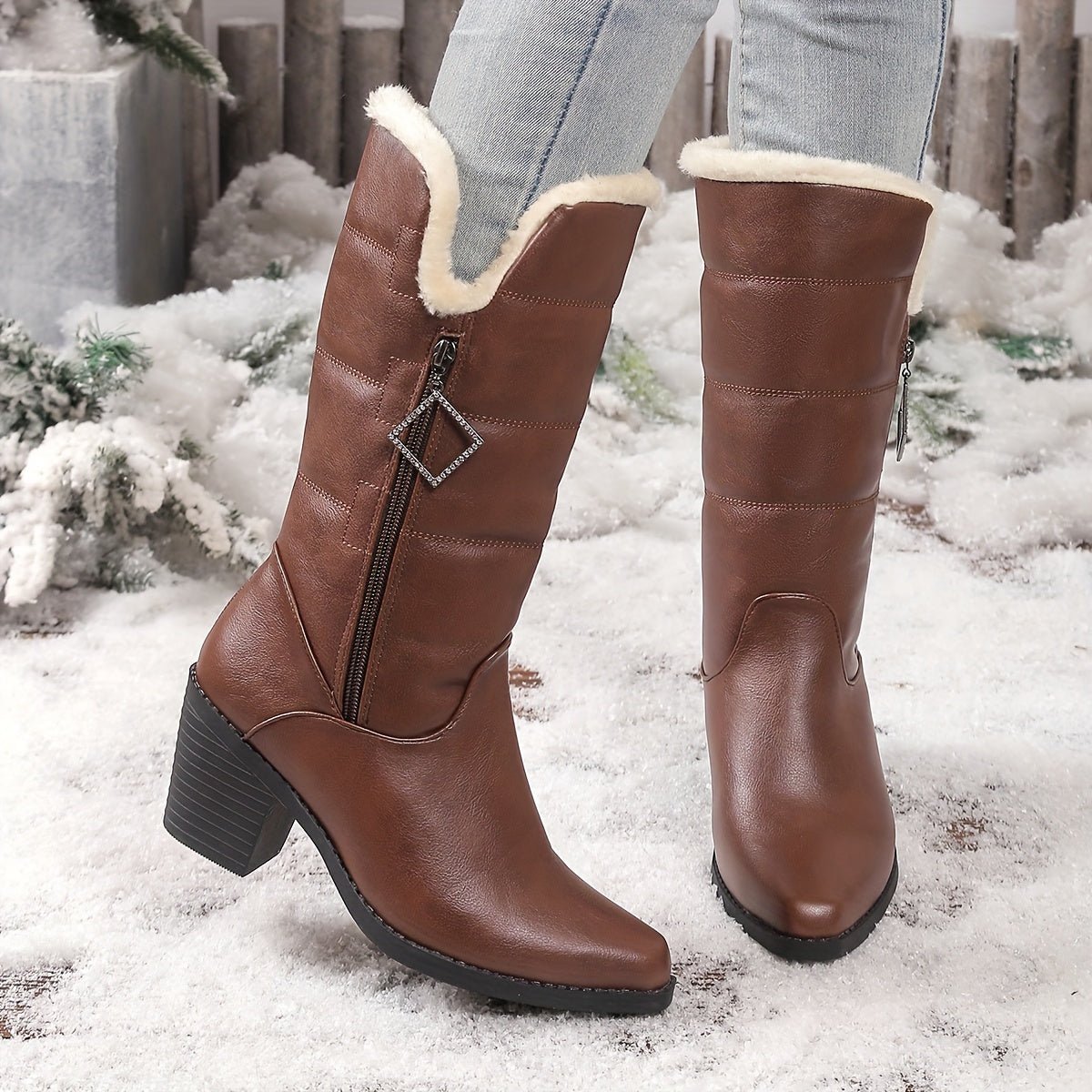 Beryl™ | Faux-fur cuff side-zip heeled knee-high boots