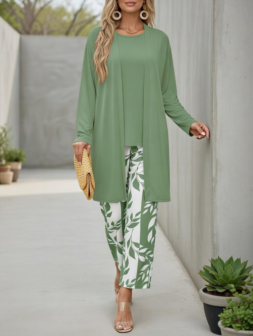 Leaf Print Three-Piece Cardigan Set