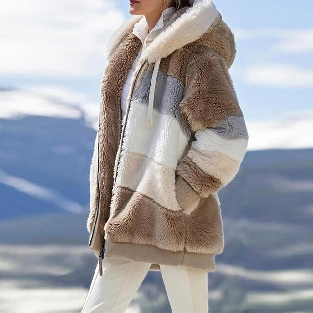 Oversized Color Block Fuzzy Hooded Jacket