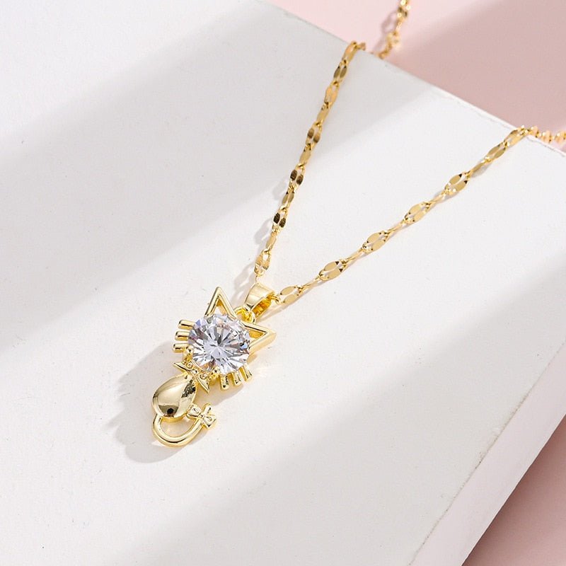 Golden cat necklace with zircon