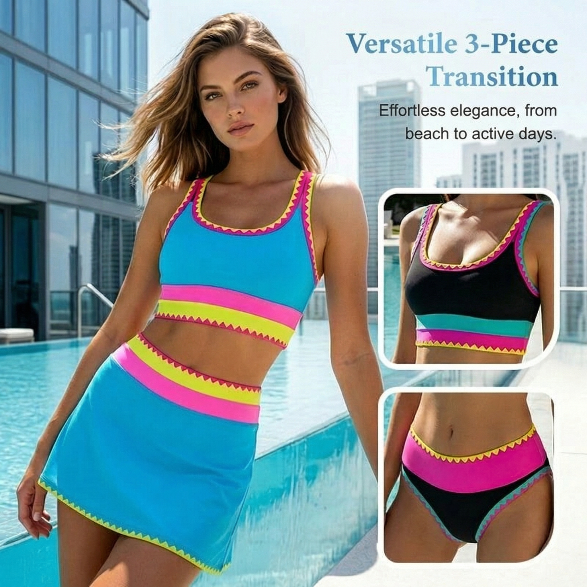 NeonWave™ | 3-Piece Colorblock Bikini Set with Skirt