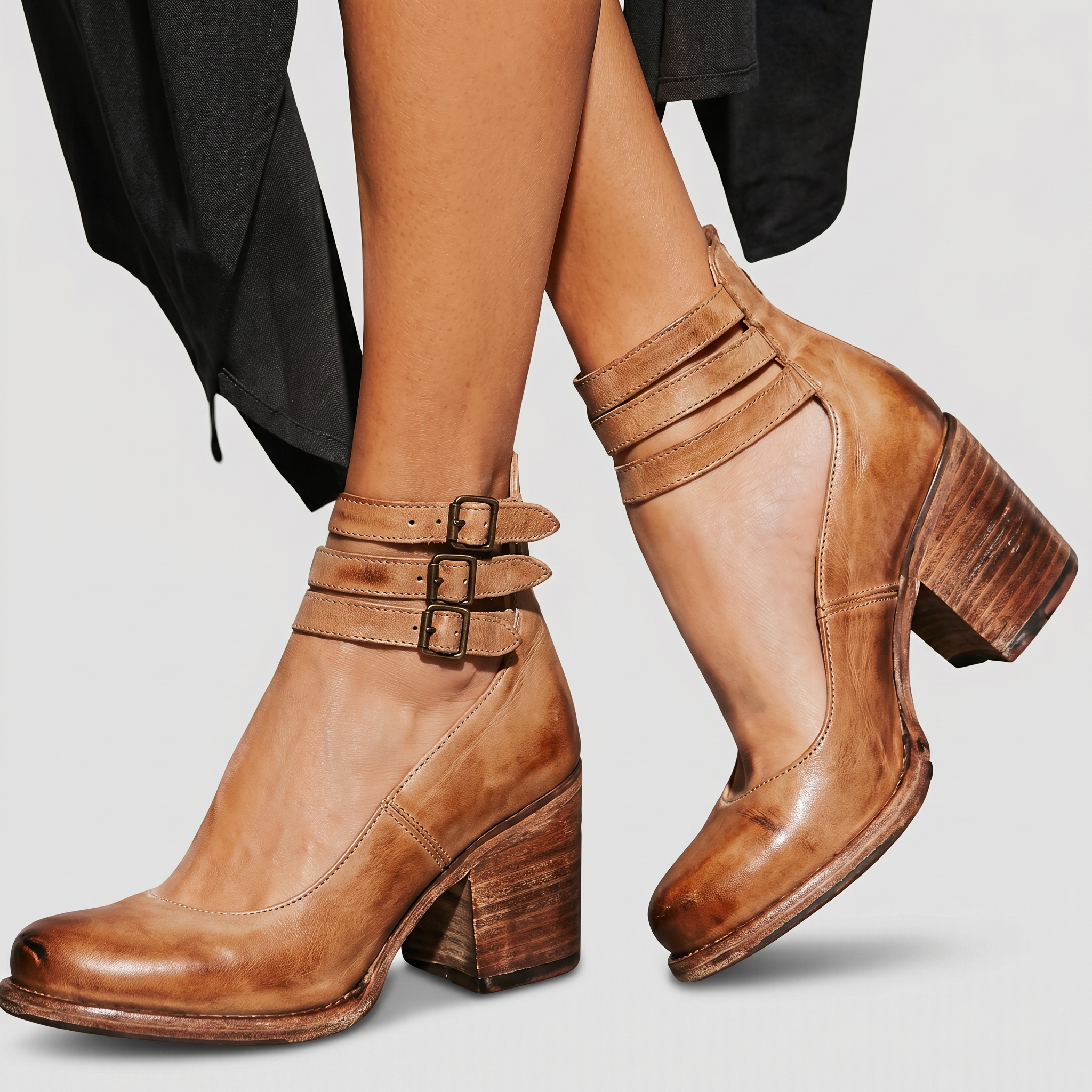 VintaStrap™ | Women's Triple Buckle Block Heel Pumps
