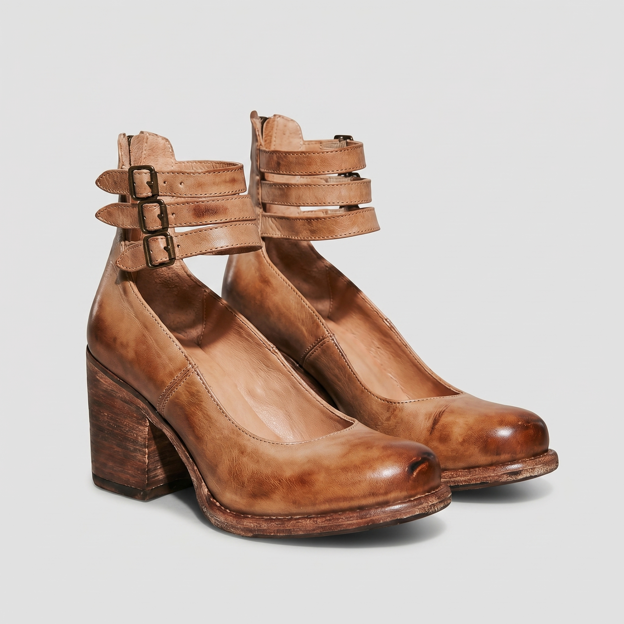 VintaStrap™ | Women's Triple Buckle Block Heel Pumps