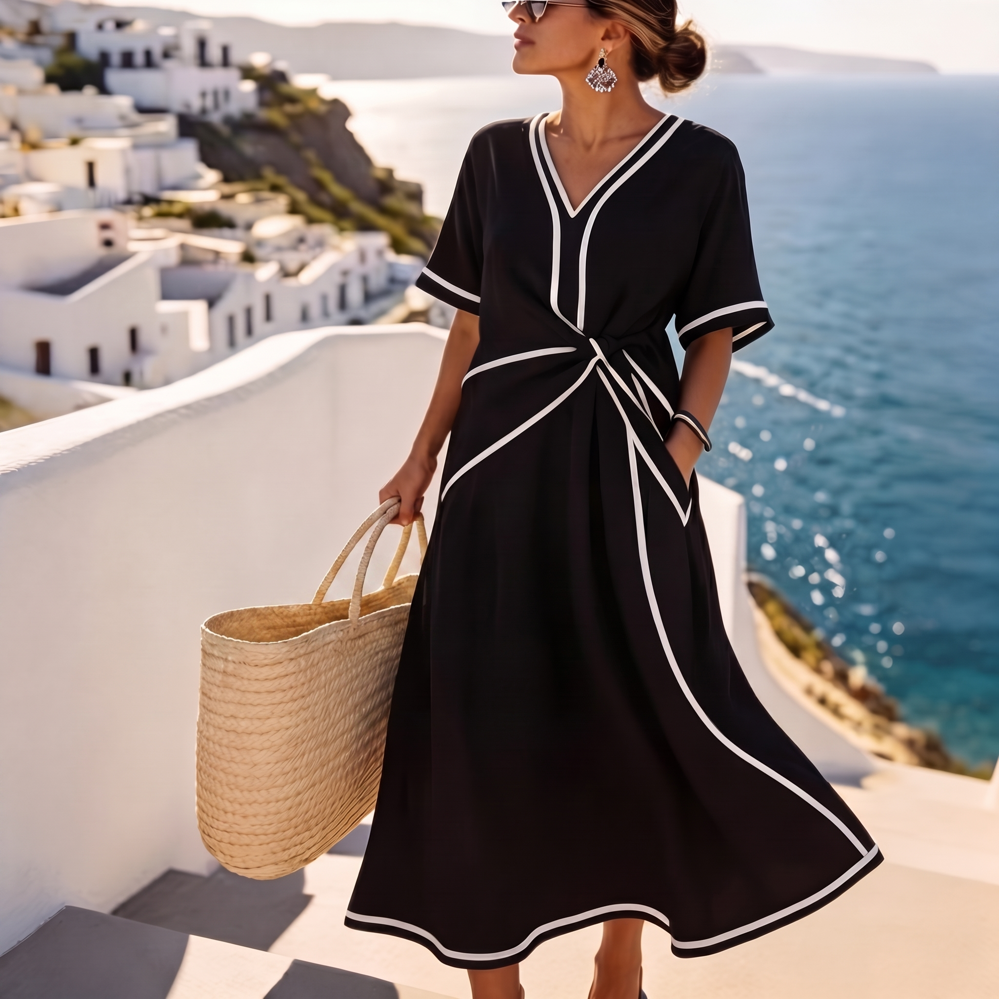 AzureKnot™ | Women's Knot Front V-Neck Maxi Dress