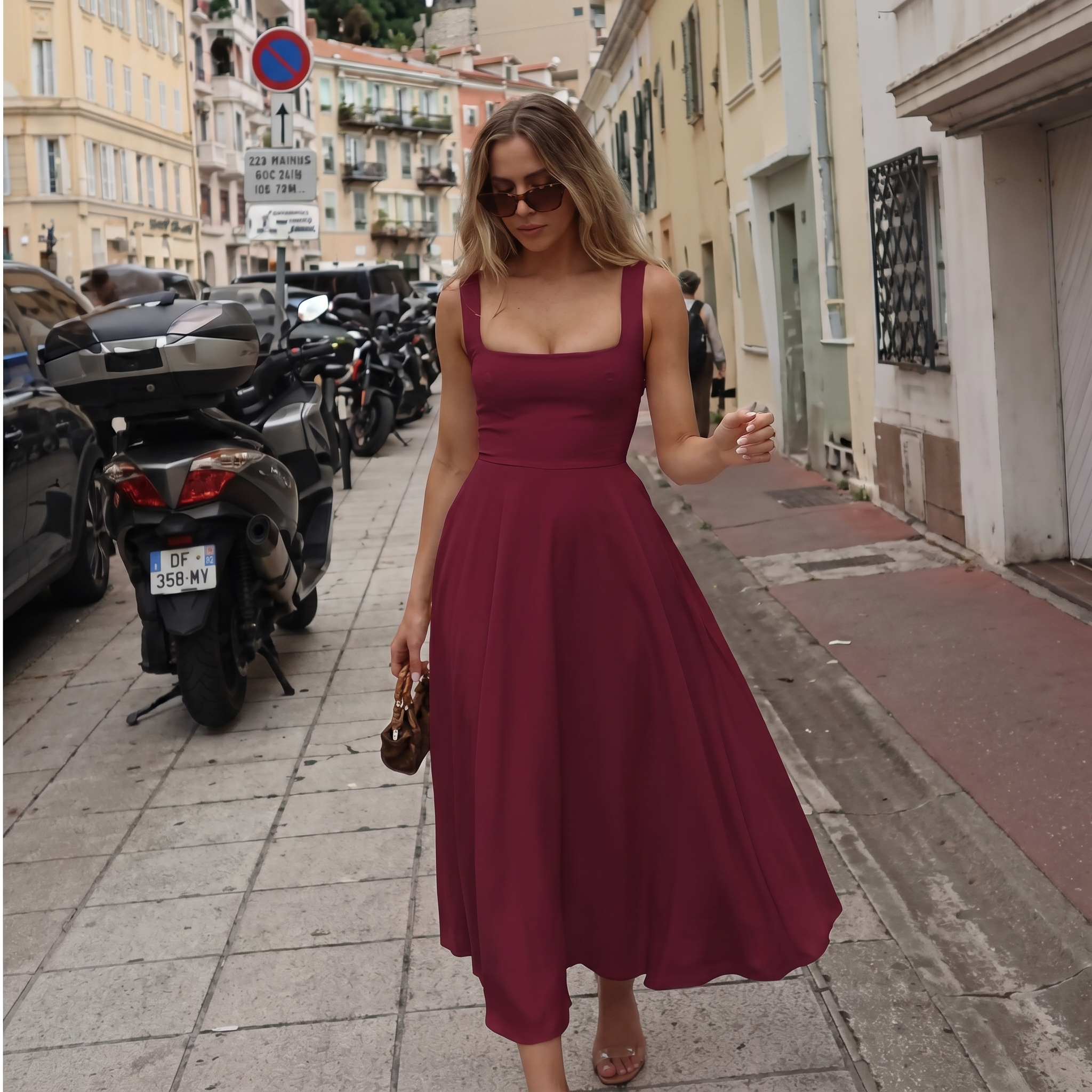 GraceFlow™ | Women's Square Neck Midi Swing Dress