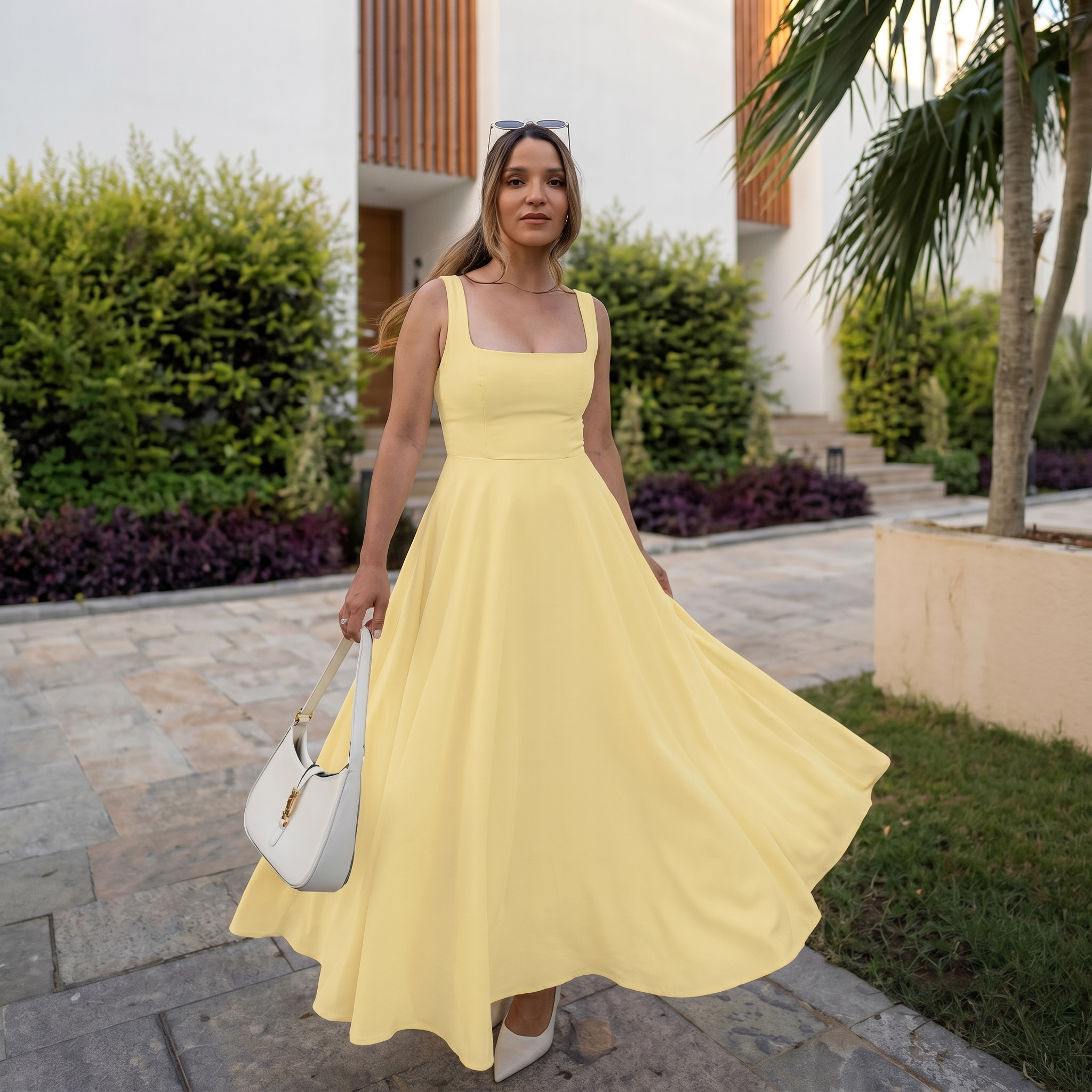 GraceFlow™ | Women's Square Neck Midi Swing Dress