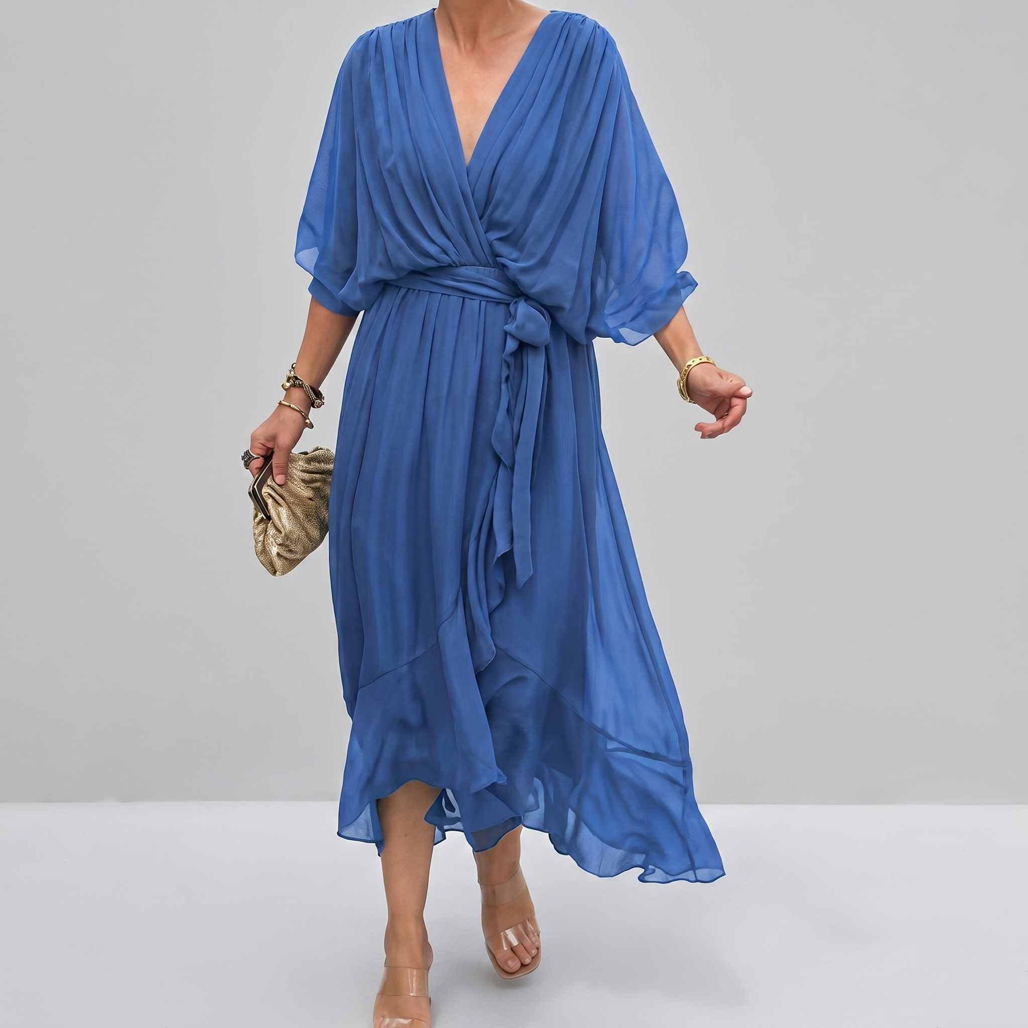 SilkDrape™ | Women's V-Neck Belted Chiffon Midi Dress