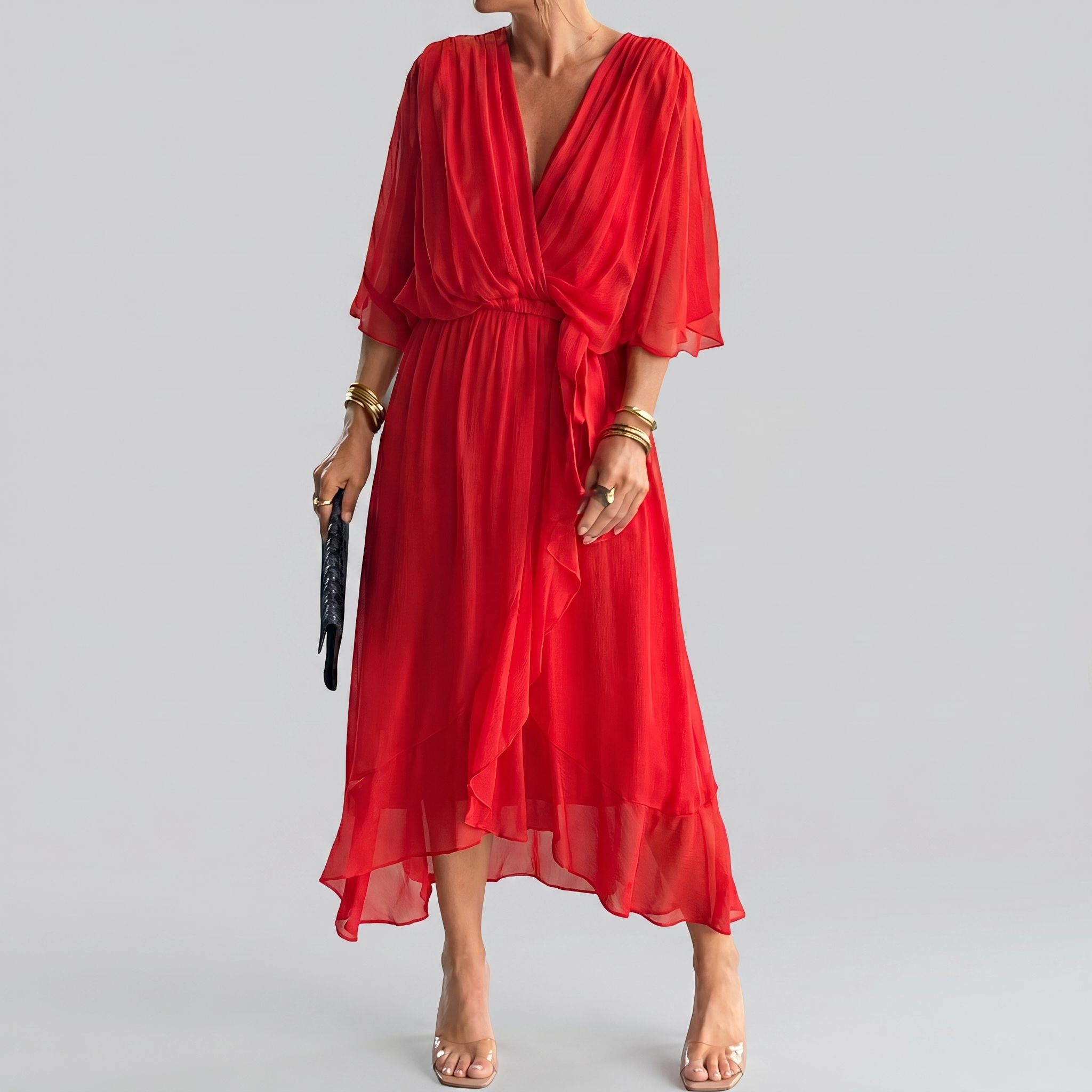 SilkDrape™ | Women's V-Neck Belted Chiffon Midi Dress