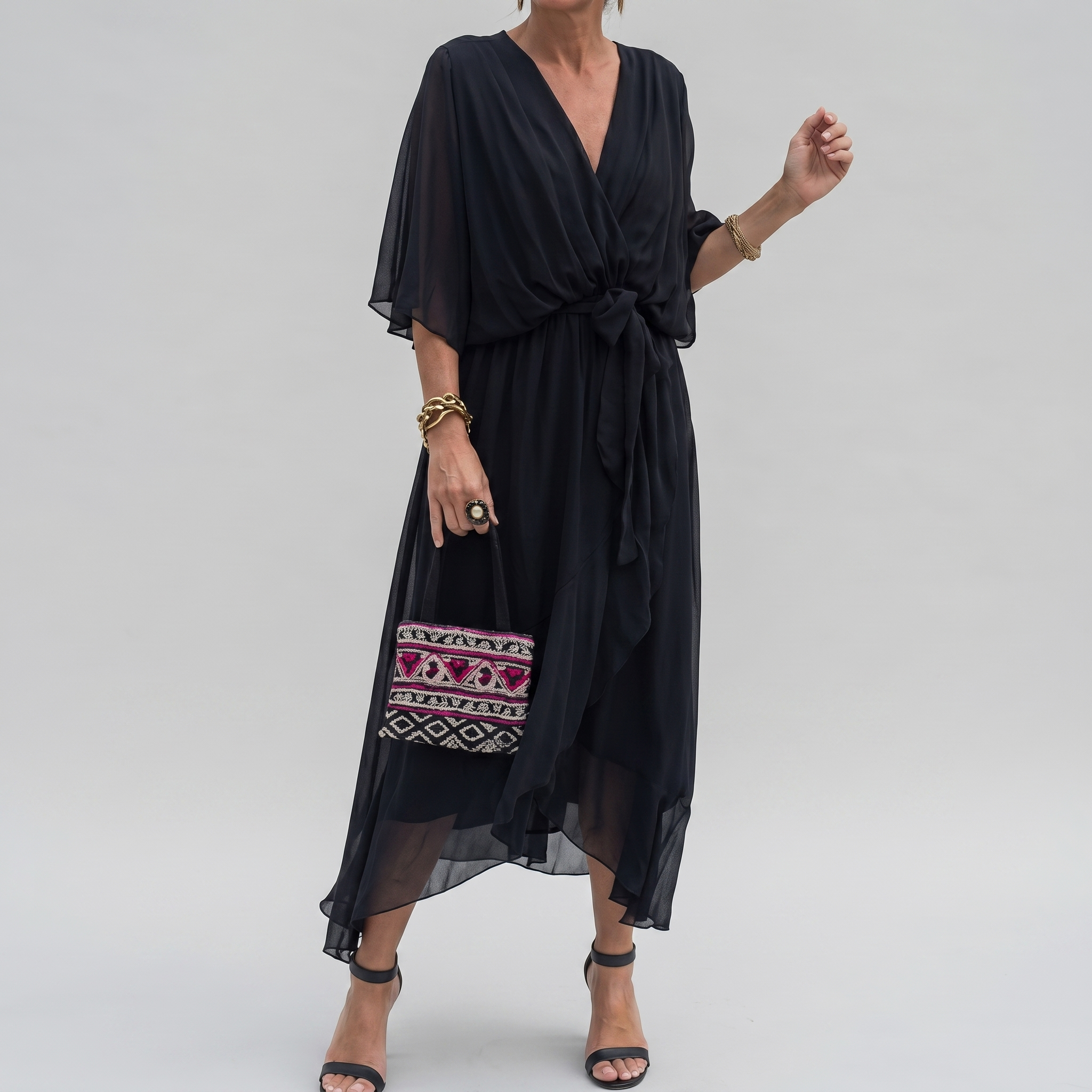 SilkDrape™ | Women's V-Neck Belted Chiffon Midi Dress
