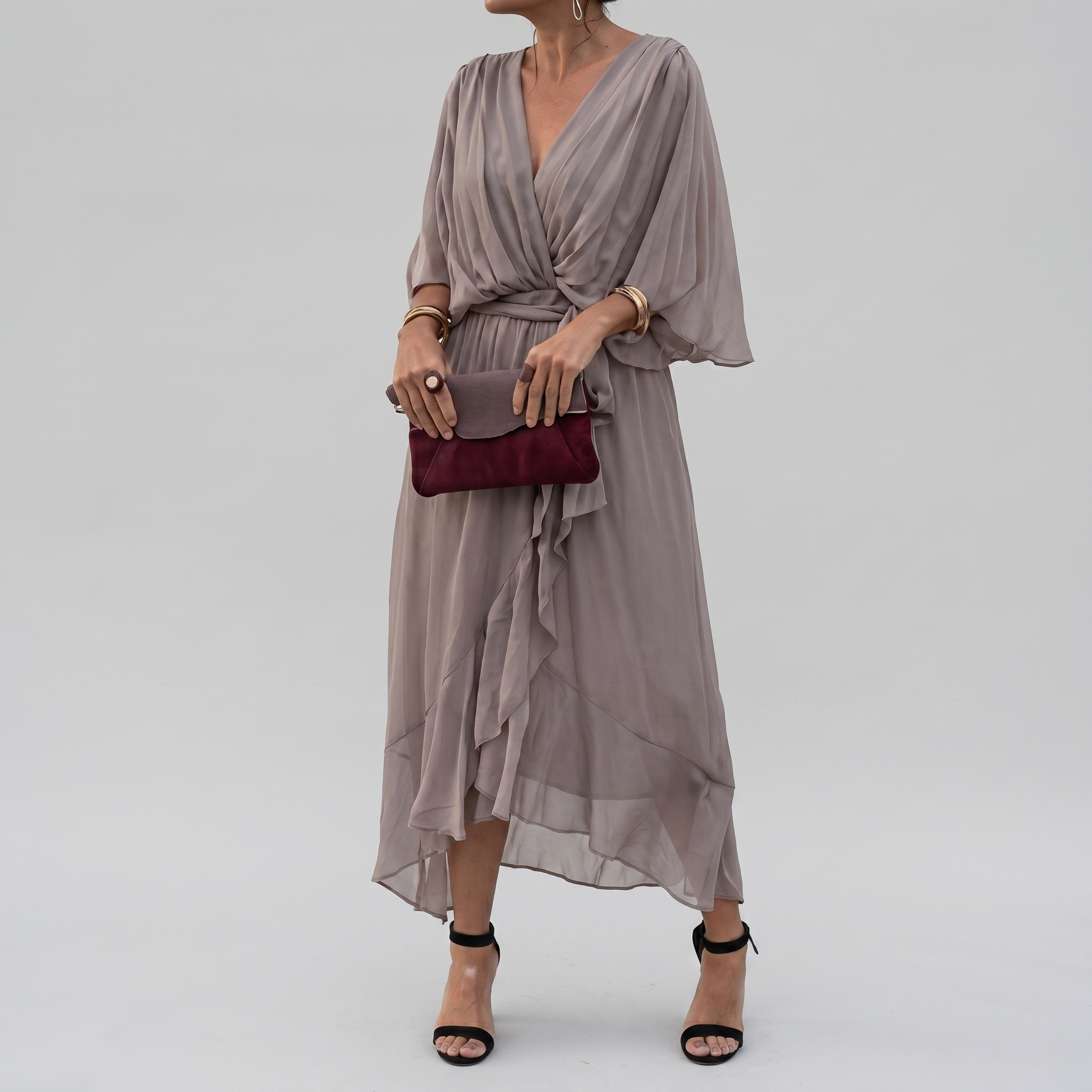 SilkDrape™ | Women's V-Neck Belted Chiffon Midi Dress