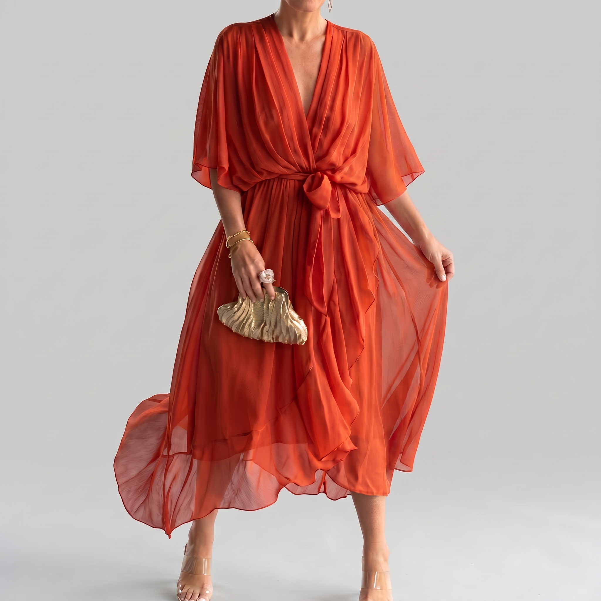 SilkDrape™ | Women's V-Neck Belted Chiffon Midi Dress