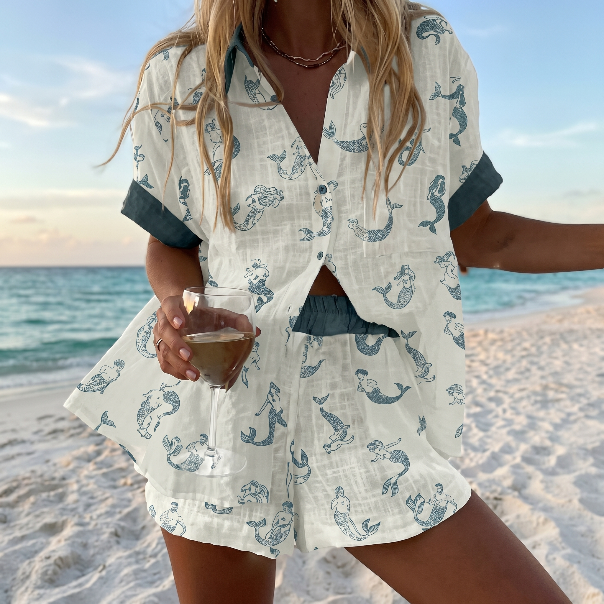 CoastalArt™ | Women's Printed Shirt & Shorts Beach Set