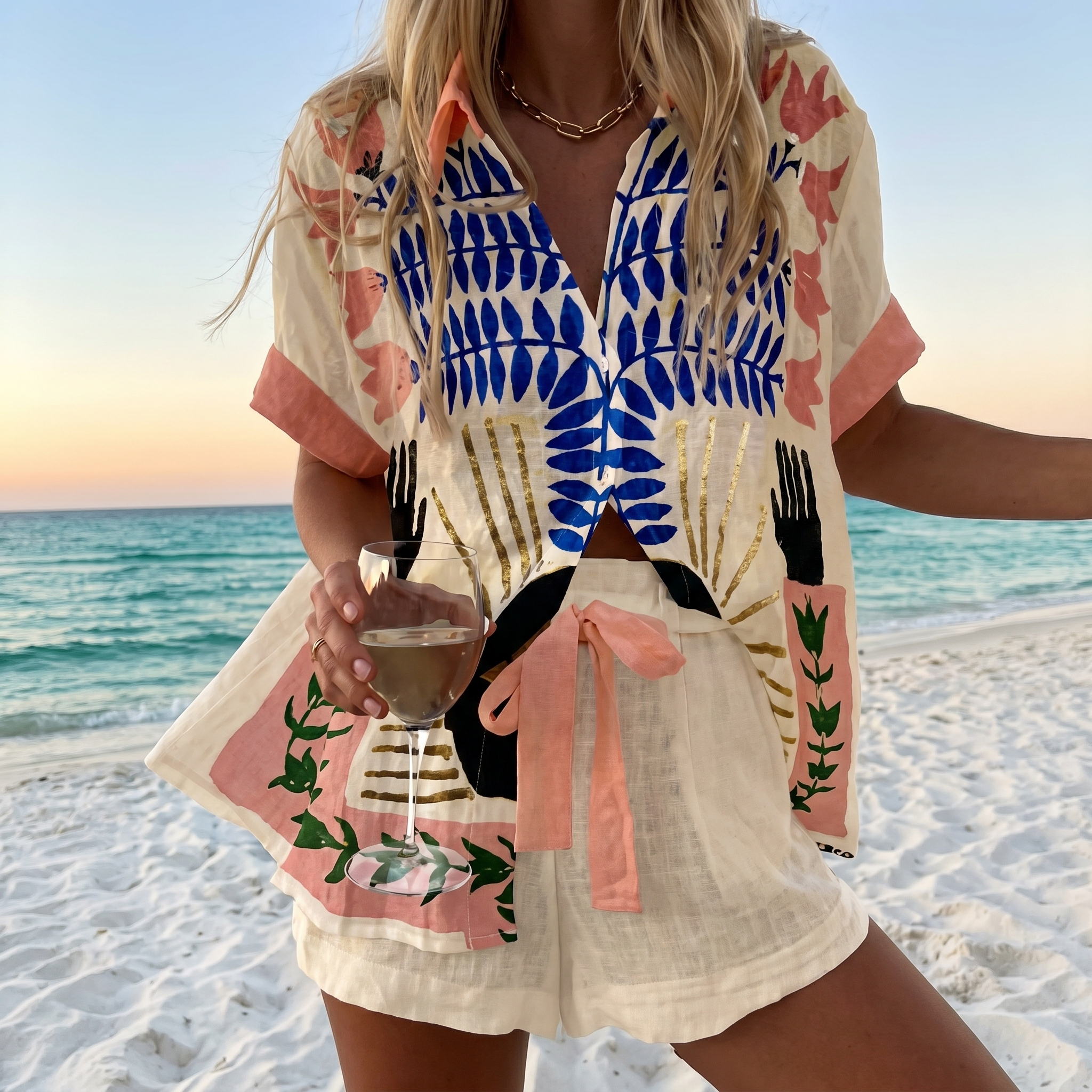 CoastalArt™ | Women's Printed Shirt & Shorts Beach Set