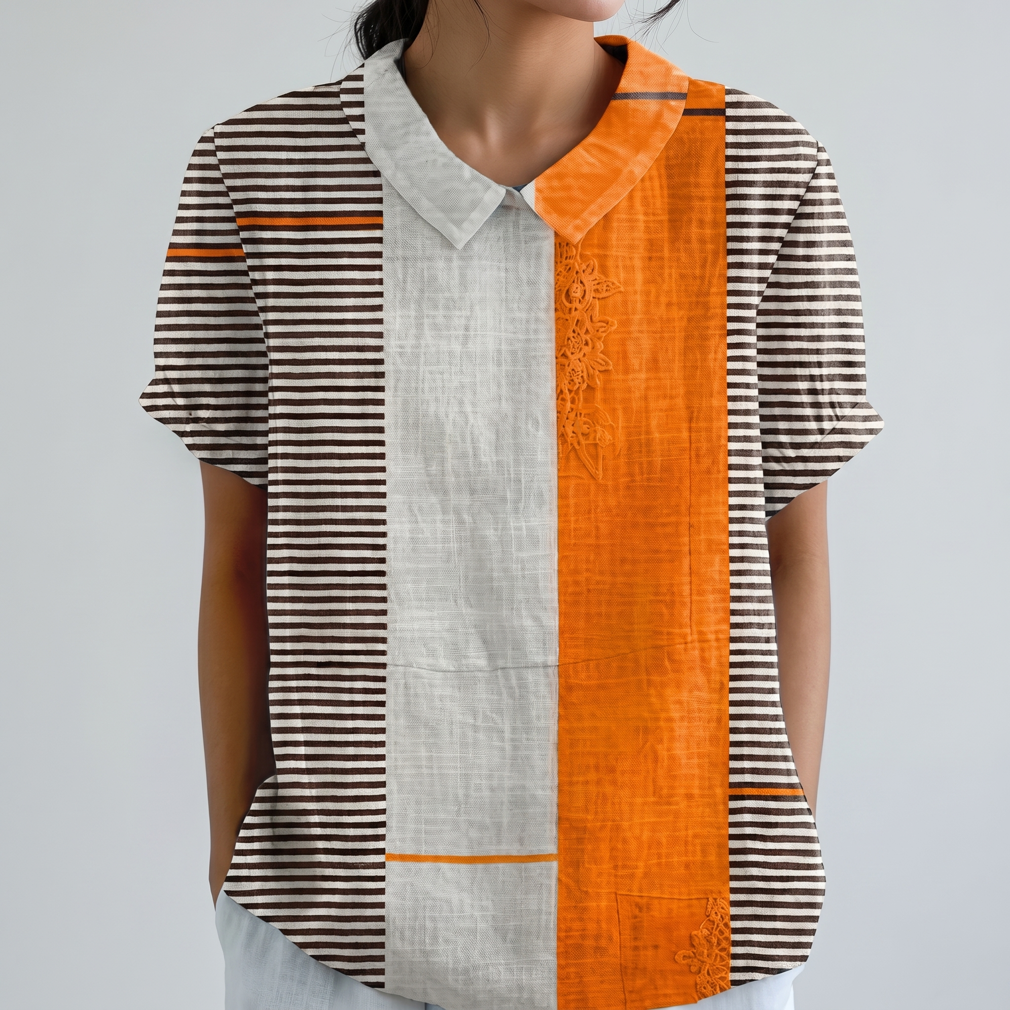 PetalCollar™ | Women's Print & Embroidery Short Sleeve Top