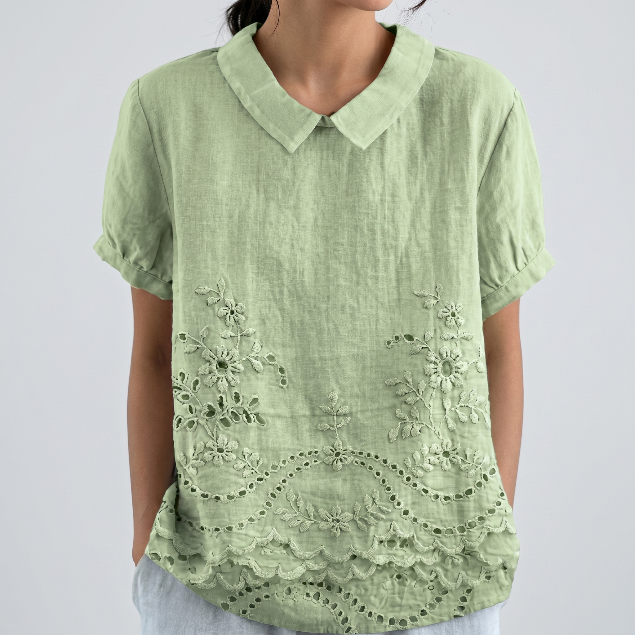 PetalCollar™ | Women's Print & Embroidery Short Sleeve Top