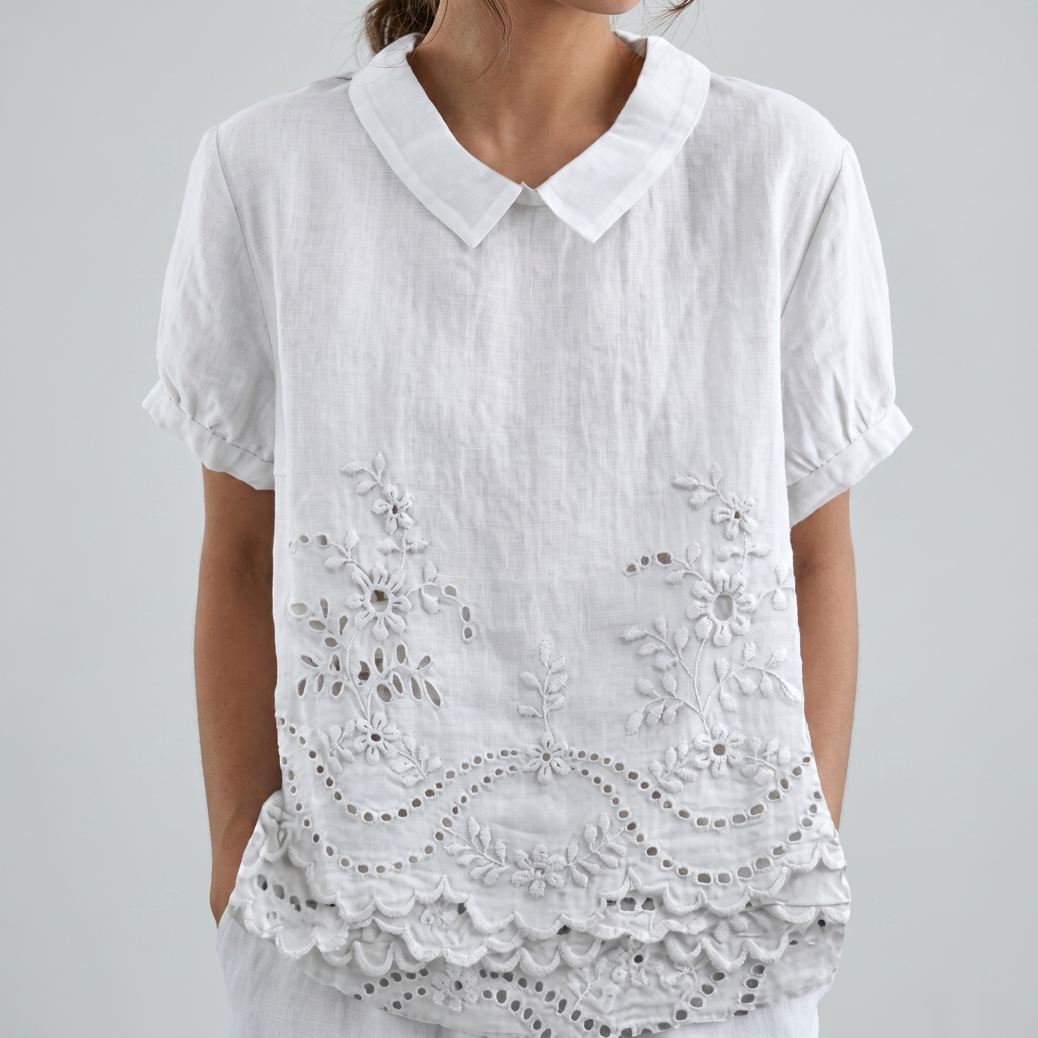 PetalCollar™ | Women's Print & Embroidery Short Sleeve Top